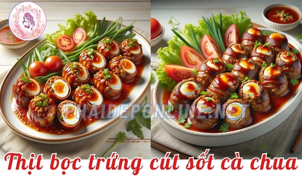 Thịt bọc trứng cút sốt kèm cà chua